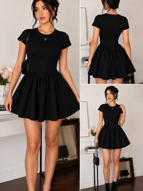Vock Black Corset Waist Skater Dress Short Sleeve Fit & Flare Size L
